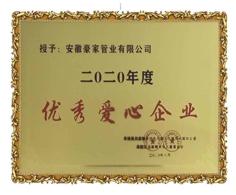 安徽豪家管業有限公司《2020年度優秀愛心企業》榮譽牌匾